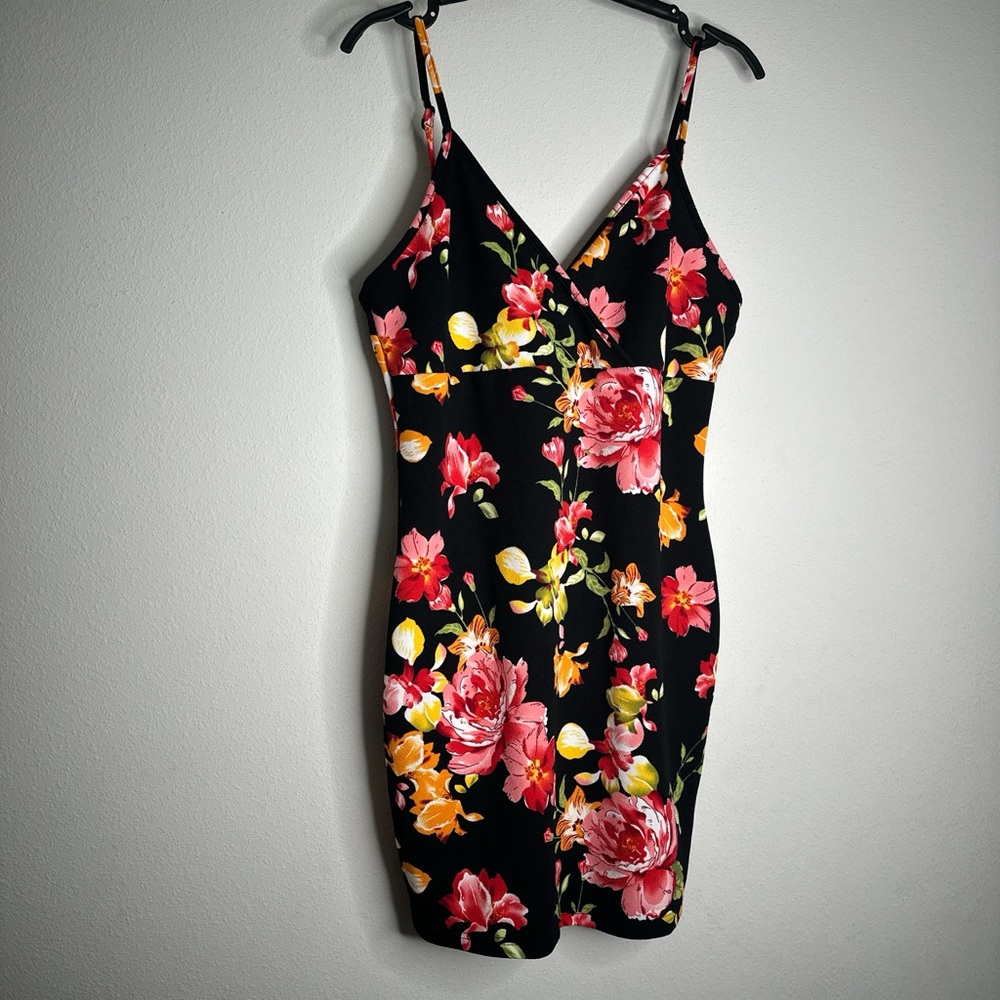 SHEIN Black Dress with Pink and Orange Floral Design